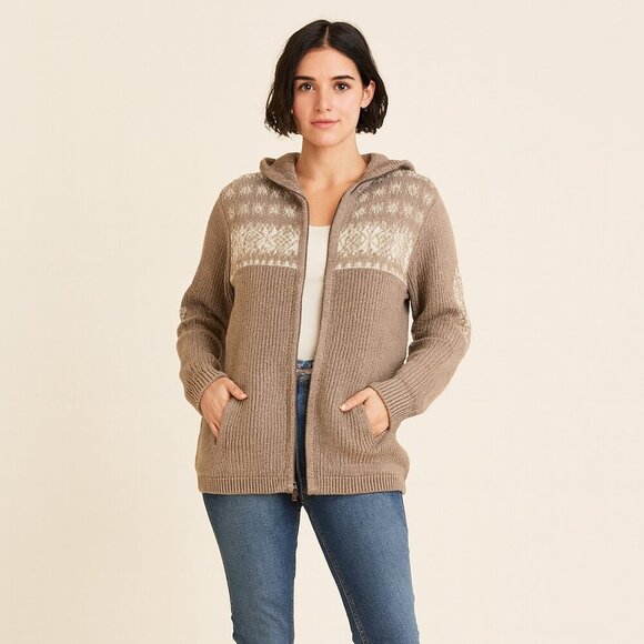 Woolrich Women’s Brown Fair Isle 100% Wool Zip Hoodie Sweater Jacket Size L - Picture 1 of 10